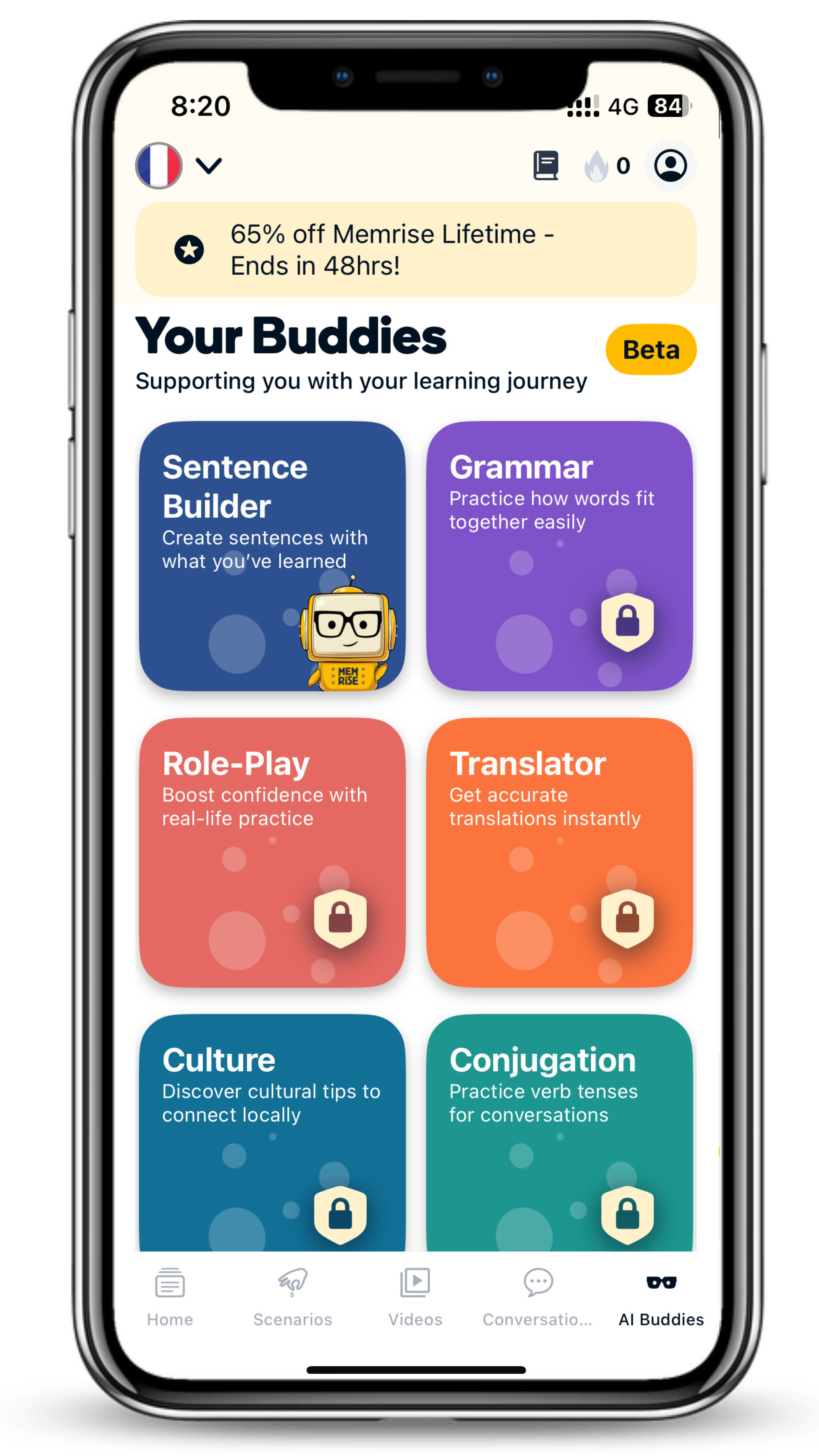 3. Practice building sentences, grammar, and conjugation with AI Buddies